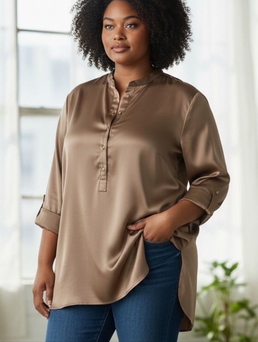 Vintage Chicos 100% Silk Tunic Top Crystal Button Up Side Slit Gold Size 2 Large
